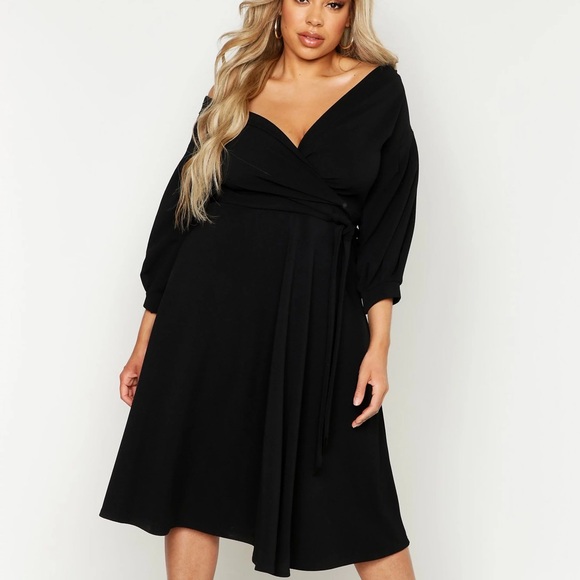Boohoo Plus Dresses & Skirts - NWT Boohoo Black Off the Shoulder Wrap Midi Dress
